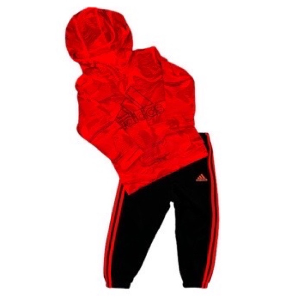 Adidas Toddler Boy Print Hooded Logo Top & 3-Stripe Pants Set Red Size 18 Months